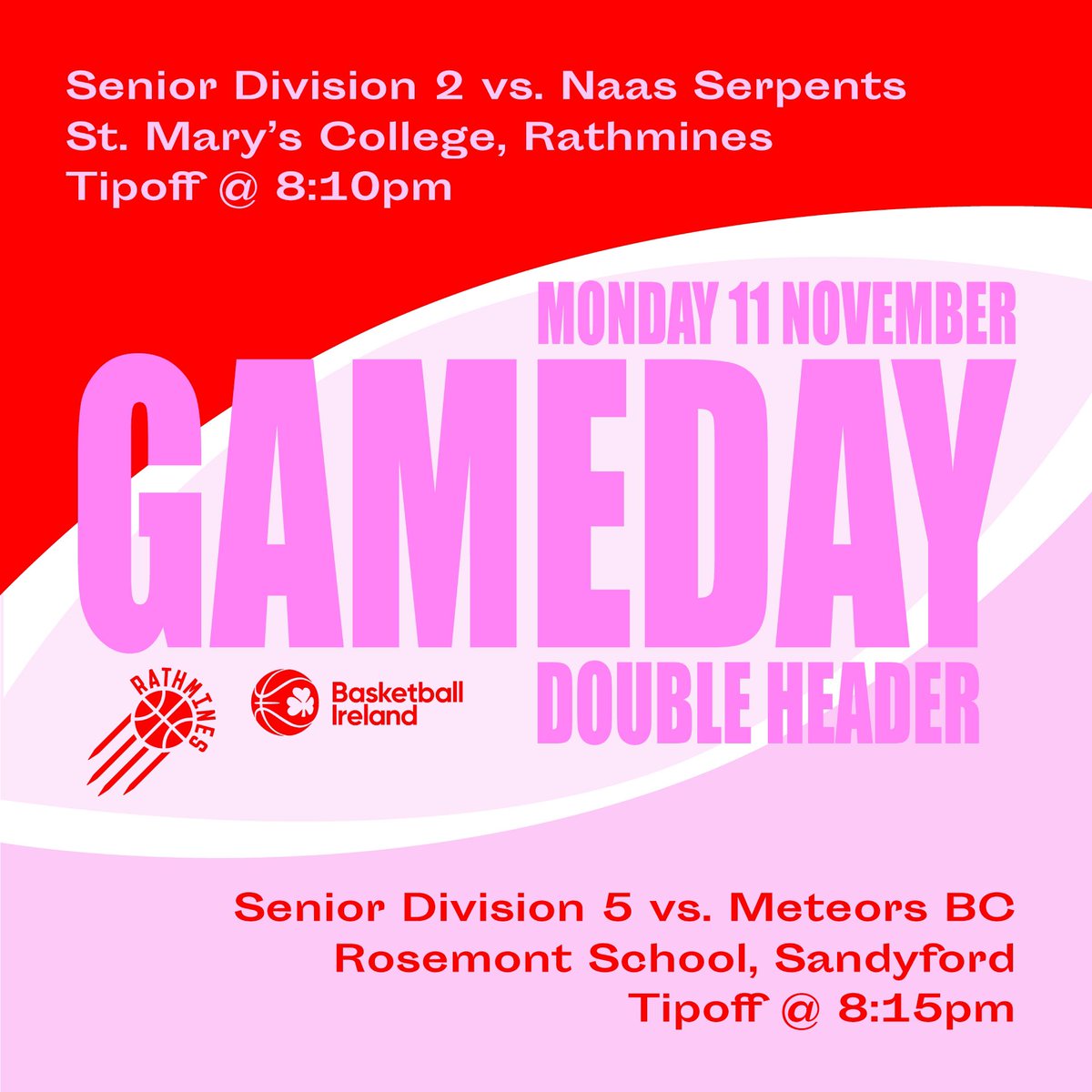 RathminesBC's tweet image. We’ve got lots of basketball tonight with a double header for division 2 and division 5 👇

🏀 Senior Division 2 @ home vs Naas Serpents 🐍 
⏰8:10pm
📍St. Mary’s College, Rathmines 

🏀 Senior Division 5 away vs Meteors BC ☄️ 
⏰8:15pm
📍Rosemont School, Sandyford

#DLBB