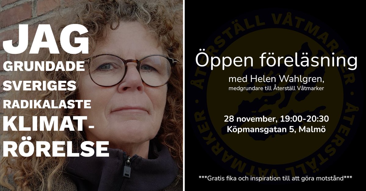 Motorvägar, sabotageåtal, massiv medial uppmärksamhet &amp; motstånd mot Neovas torvbrytning. På bara 2,5 år har rörelsen förändrat klimatsverige. 

Nu har du chans att lyssna på en av grundarna. Kom på Helens föreläsning 28/11 19:00-20:30

Registrera dig här tinyurl.com/57assdzj
