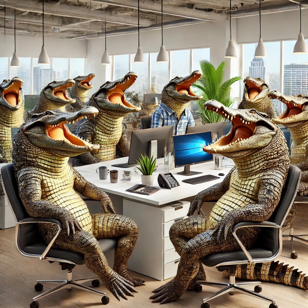 31milmovement's tweet photo. THIS IS A PICTURE OF A SCENE OF CROCODILES IN THEIR BEST NATURAL ELEMENT FROM AN AWARD-WINNING WILDLIFE PHOTOGRAPHER INSIDE THE AUSPICES OF #SHIMINET OFFICES

The caption tells us a story fit for documentaries that will unravel in front of 110M + Filipinos:

In the quiet, sterile halls of government, an unusual sight emerges—a gathering of enigmatic creatures, their laughter echoing through conference rooms as though sharing a secret only they understand. These are no ordinary crocodiles; they are a rare breed, skittish and elusive, displaying an unusual aversion to a particular ritual of public life: the congressional hearing of House of Representatives.

With a wary eye and a quick shuffle, they seem to avoid such encounters at all costs. This time, however, the setting is not the remote rivers of Davao but rather the polished rooms within the office of a sitting Vice President. Here, they lurk, hiding in plain sight, their laughter masking a curious, almost primal fear. What lies beneath this façade of bravado? What secrets do they guard so carefully, concealed behind those broad, toothy grins?

In this peculiar habitat, the strange crocodiles remain ever-watchful, wary of any who might venture too close to their hidden world, reminding us that even in the halls of power, some mysteries are shrouded in the shadows, waiting to be revealed.

Disclaimer: This is a satirical post.