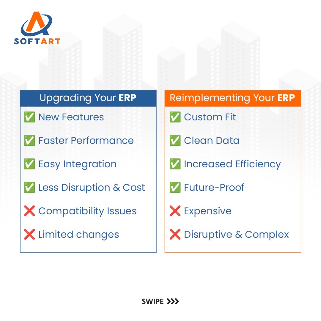 SoftArtInc's tweet photo. Deciding between upgrading or reimplementing your ERP?
Make an informed decision for smoother operations and future growth of your business. Simplify it with SoftArt. 

Schedule a quick call in one simple step: https://t.co/QaGHSfpRjC. https://t.co/SvmZ8KBzKU