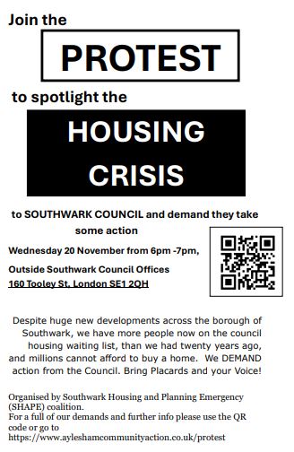 📣📣 Protest 6pm Wed 20 Nov, Council Offices, Tooley St
❌️Stop the gentrification of Peckham
✅️Save Borough Triangle
Homes for people not for profit
⏰️Time to end the housing and planning emergency
ayleshamcommunityaction.co.uk/protest