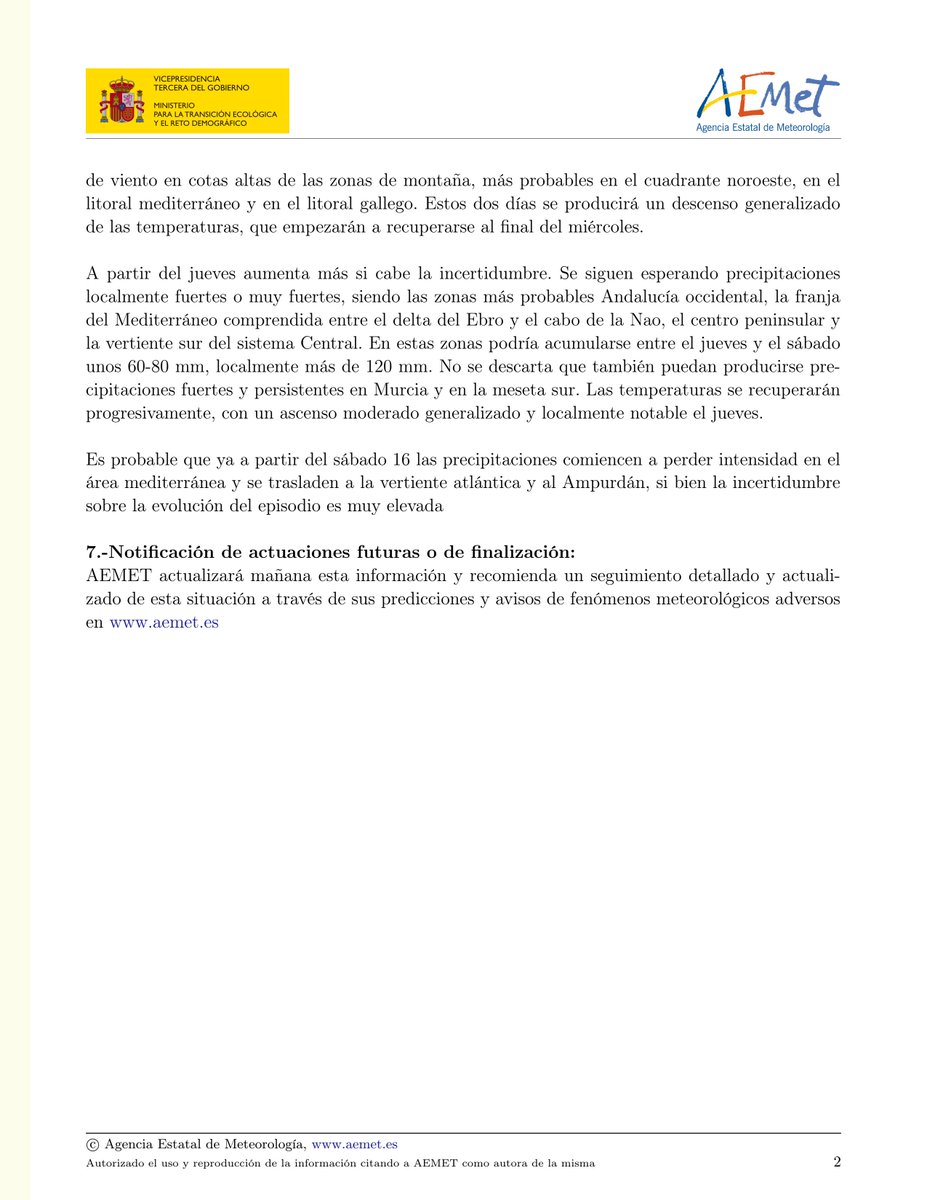 #AvisoEspecialAEMet | 11-11-2024

Precipitaciones fuertes a torrenciales. Cabe destacar que la #AEMet pone en el epicentro de este episodio a #Málaga y #Granada, donde en algunos puntos se podrían superar los 180 mm.