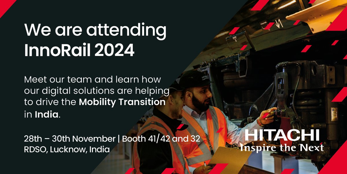 HitachiRailIT's tweet photo. Vi aspettiamo dal 28 al 30 novembre alla sesta edizione di #InnoRail a Lucknow, in India!
Visitate lo stand Hitachi per conoscere meglio i nostri progetti e la nostra tecnologia.
โก https://t.co/MoIYvLYIF9 https://t.co/m1M1iC99Aa