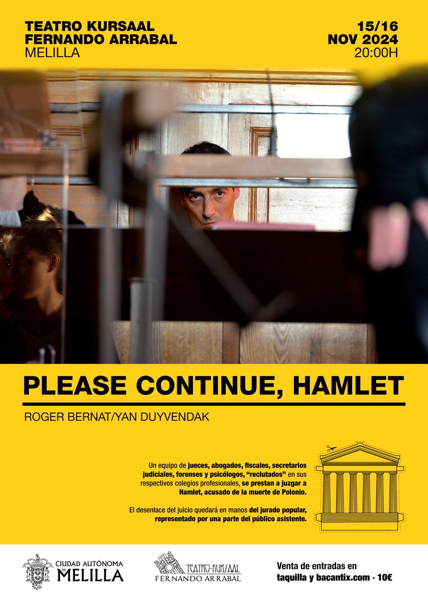 cultura_melilla's tweet photo. 🎭 ¡No te pierdas "Please continue, Hamlet" en el Teatro Kursaal Fernando Arrabal!
🎟 Entradas ya a la venta por 10€
📅 15 y 16 de nov, 20:00h
📍 Teatro Kursaal Fernando Arrabal
Más info: https://t.co/ksVCJgrzWe
#TeatroKursaal #PleaseContinueHamlet #Teatro #Cultura #Melilla https://t.co/aBjUpR5xXa