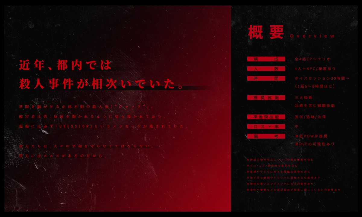 bbbks90's tweet photo. 𝖢𝖺𝗅𝗅 𝗈𝖿 𝖢𝗍𝗁𝗎𝗅𝗁𝗎
『　𝗥𝗲:𝗚𝗿𝗲𝘀𝘀𝗶𝗼𝗻　』

―――近年、都内では殺人事件が相次いでいた。

✧︎ 新規探索者限定
✧︎ 秘匿4PL+KPC
✧︎ 全4話CPシナリオ

❚ BOOTH
https://t.co/1VGJEhDB25
❚ 診断
https://t.co/apOQBi4uzm

頒布開始しました！！！！！！！！

#11Dogs報告書_2024 https://t.co/4jLooeqwla