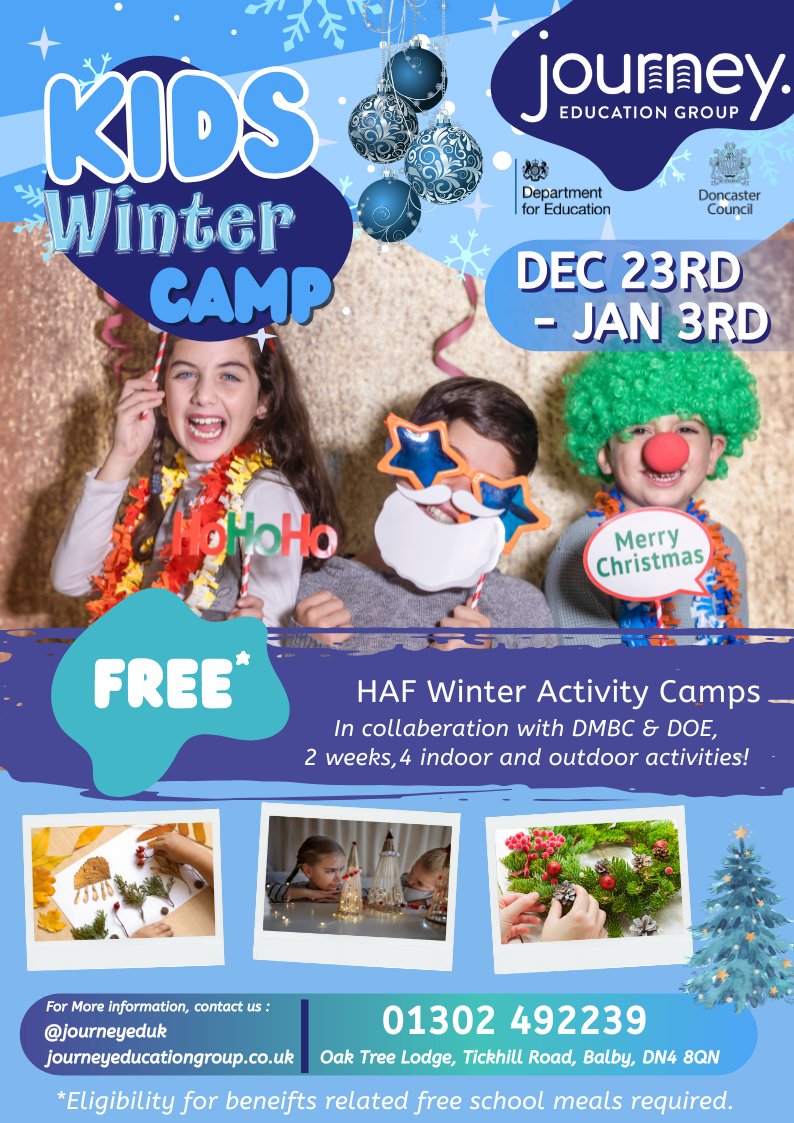 🌟 Exciting News: Winter HAF Camps are Open for Booking! ❄️

Get ready for an incredible adventure this winter! 
To book a space, we require eligibility for benefits related free school meals ❄️

…ey-education-tutoring.classforkids.io/camps