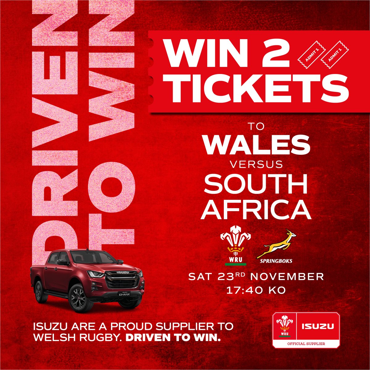 Isuzu UK (@isuzuuk) on Twitter photo GIVEAWAY ๐๐ฅ
We're giving away 2 tickets to the <a href="/welshrugbyunion/">Welsh Rugby Union ๐ด๓ ง๓ ข๓ ท๓ ฌ๓ ณ๓ ฟ</a> vs <a href="/Springboks/">Springboks</a> game ๐
โฌ๏ธ Enter our competition to win ๐๏ธ
To Enter:
1๏ธโฃ Like this post
2๏ธโฃ Tag a friend you'd bring along
3๏ธโฃ Repost for an extra chance to win
๐๏ธ <a href="/principalitysta/">Principality Stadium</a>
๐๏ธ 23.11.24
โฐ 17:40
๐
๐ฝ Entries GIVEAWAY ๐๐ฅ
We're giving away 2 tickets to the <a href="/welshrugbyunion/">Welsh Rugby Union ๐ด๓ ง๓ ข๓ ท๓ ฌ๓ ณ๓ ฟ</a> vs <a href="/Springboks/">Springboks</a> game ๐
โฌ๏ธ Enter our competition to win ๐๏ธ
To Enter:
1๏ธโฃ Like this post
2๏ธโฃ Tag a friend you'd bring along
3๏ธโฃ Repost for an extra chance to win
๐๏ธ <a href="/principalitysta/">Principality Stadium</a>
๐๏ธ 23.11.24
โฐ 17:40
๐
๐ฝ Entries