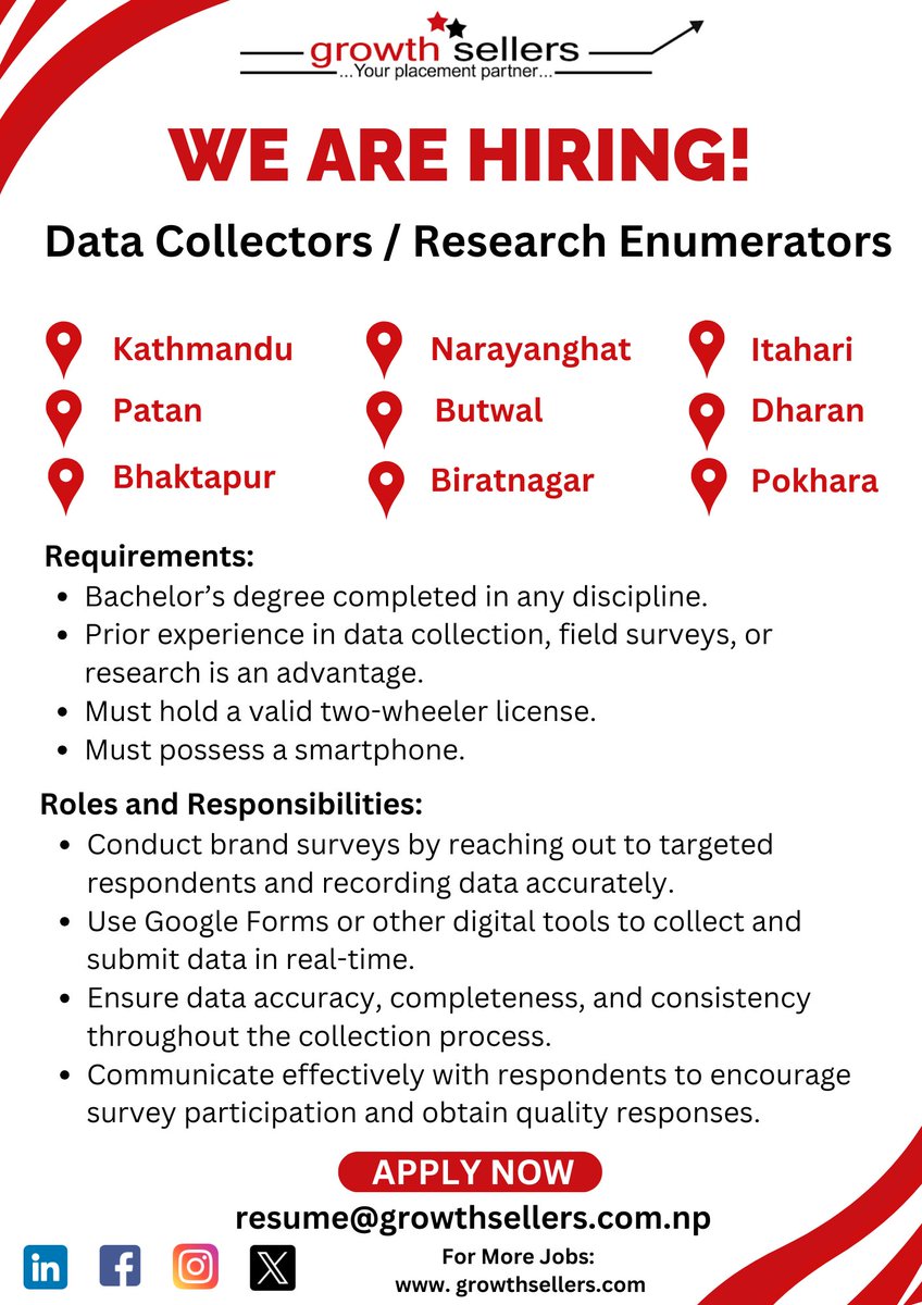SellersGrowth's tweet image. 📢 We&apos;re Hiring! Data Collectors/Research Enumerators

If you’re ready to bring your skills to a dynamic role in brand surveying, apply now!
Apply Here: growthsellers.com/job-detail/dat…

Send us your CV on: resume@growthsellers.com.np

#Hiring #JobOpening #DataCollector #ApplyNow