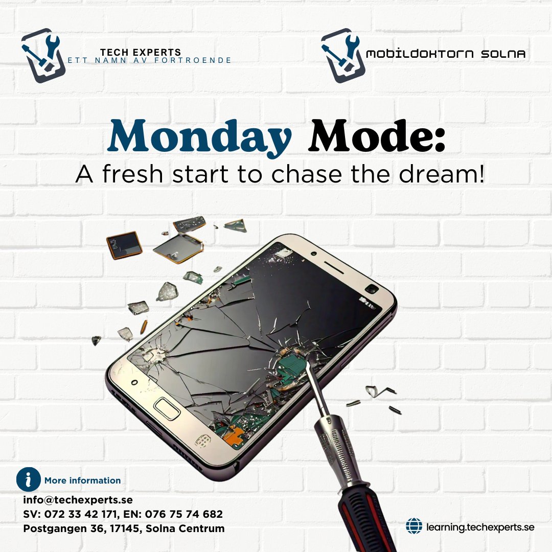 techexperts2024's tweet image. &quot;Monday Mode: A new beginning to pursue your dreams! Sign up for our mobile repair course and start working towards your goals today.&quot;📱  
#stockholm #mobilrepairinginstockholm #mobilephonecourseinsweden #repairing  #mobileaccessories #mobilephone #mobilerpairing #SkillBuilding
