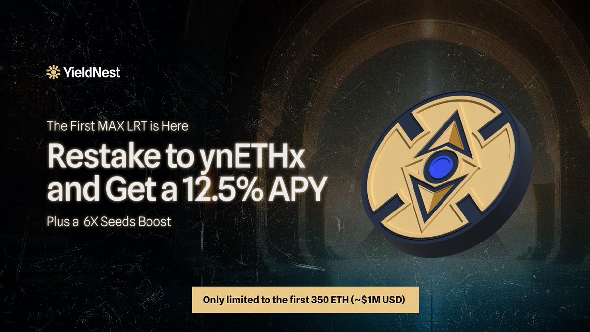 1/ 🥇 Our first MAX LRT—$ynETHx is here, and early adopters can earn an attractive 12.5% APY with a 6x Seeds boost.

⏰ ynETHx deposits are capped at only 400 ETH, so hurry up and MAX your returns today!

Link ⬇️