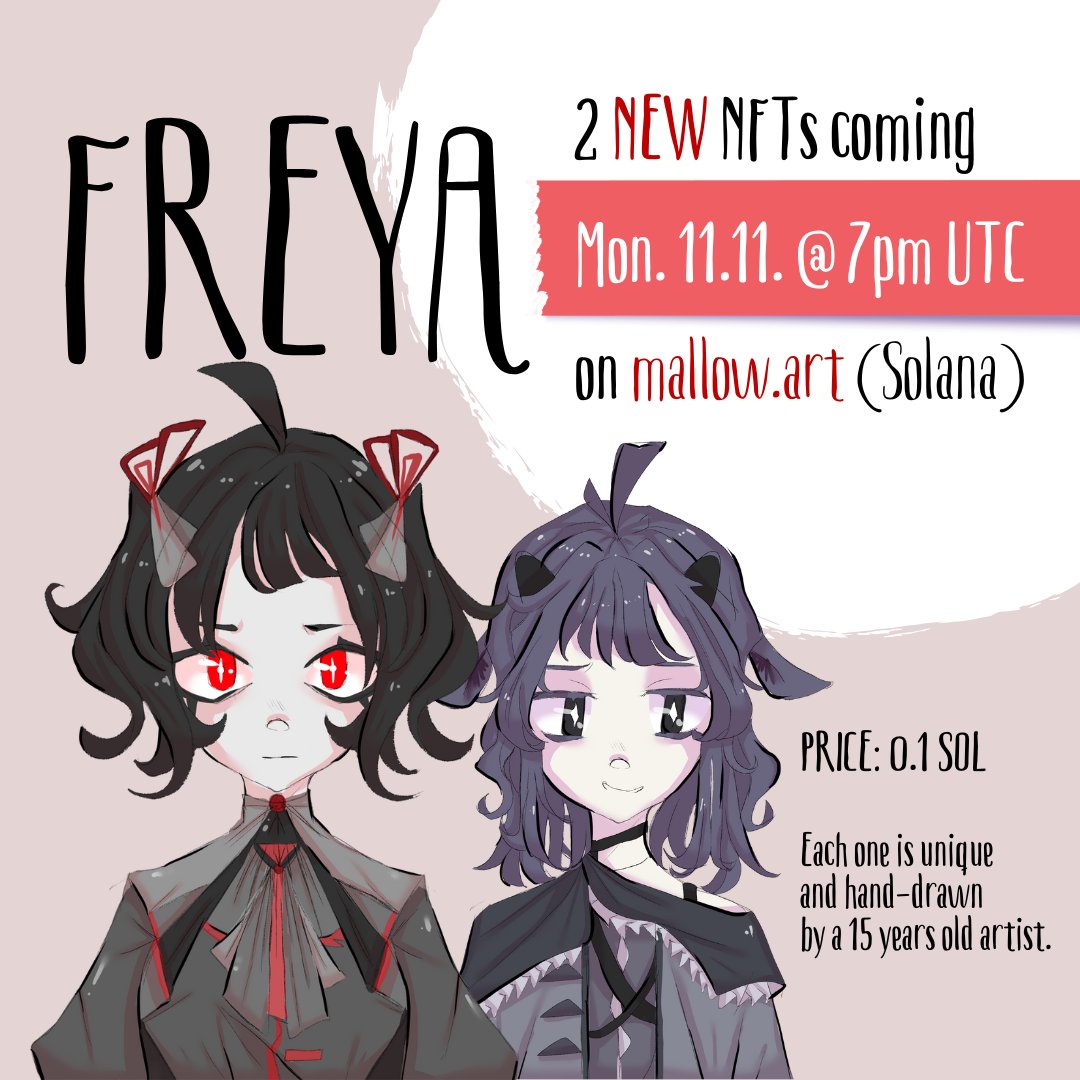 _lilsev's tweet photo. Hello everyone!
2 NEW FREYAs will be listed for sale on Mallow today.
Price: 0.1 SOL
Don't miss your chance to get one of these unique hand drawn pieces.

#Solana #SolanaNFTs #SolanaArt #NFTs https://t.co/q7xNyEMab6