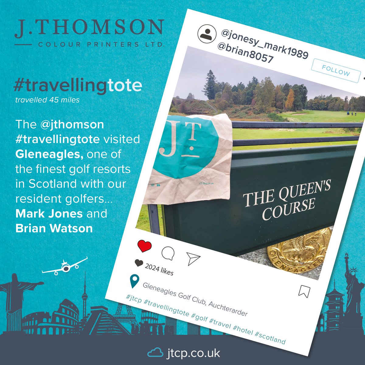 jthomsonprint's tweet photo. The @jthomsonprint #travellingtote spotted at the prestigious Gleneagles, one of Scotland's finest golf resorts with our resident golfers… Mark Jones and Brian Watson ⛳️🏌️♂️🏴
#jtcp #colourprinters #travellingtote #jtcptravellingtote #travel #golf #hotel #scotland https://t.co/sFSTfHDguE