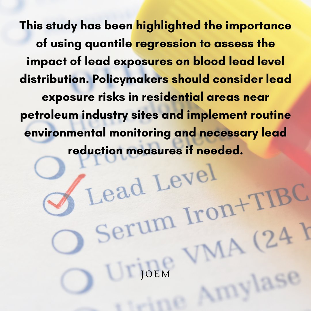 Investigating Blood Lead Levels and Its Health Effects on Employees of a Petroleum Industry and the Surrounding Residents
A Case Study of Kirkuk City, Iraq
Mohammad, Luay M. PhD;  et. al. 
JOEM 66(11):p 924-931, November 2024
journals.lww.com/joem/fulltext/…
#JOEM