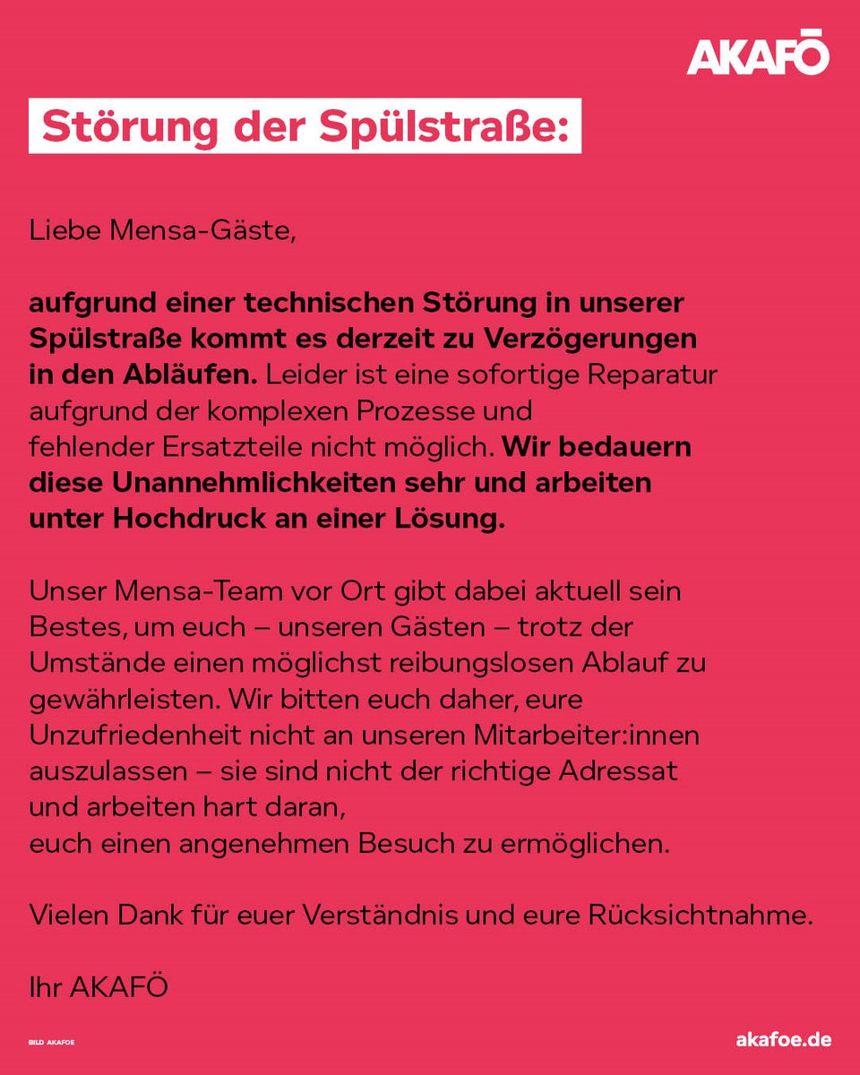AKAFÖ (@akafoe) on Twitter photo Unsere Spülstraße hat derzeit einen technischen Defekt! Unsere Spülstraße hat derzeit einen technischen Defekt!