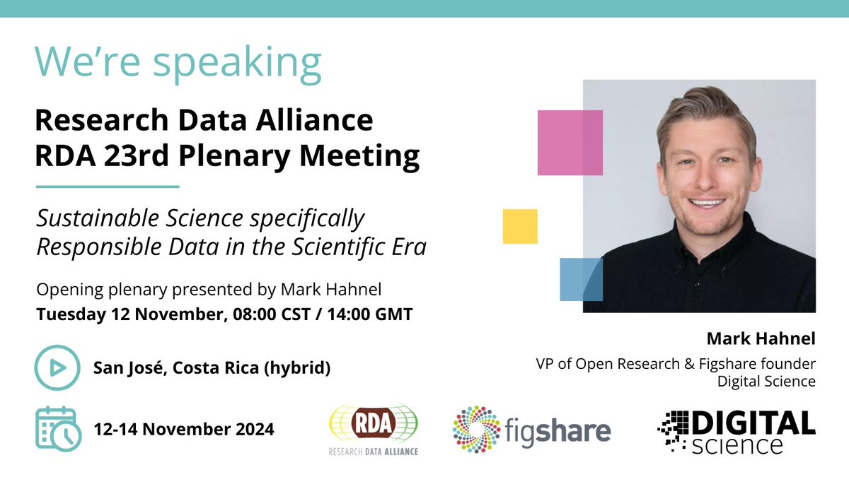 Figshare (@figshare) on Twitter photo This week is the Research Data Alliance (RDA: <a href="/resdatall/">Research Data Alliance (RDA)</a>) 23rd Plenary Meeting. 🇨🇷📈📊
We're excited to see <a href="/MarkHahnel/">Mark Hahnel</a>, Figshare founder and <a href="/digitalsci/">Digital Science</a>'s VP Open Research deliver the opening keynote of the conference tomorrow.
Find out more: digital-science.com/events/rda-23r… This week is the Research Data Alliance (RDA: <a href="/resdatall/">Research Data Alliance (RDA)</a>) 23rd Plenary Meeting. 🇨🇷📈📊
We're excited to see <a href="/MarkHahnel/">Mark Hahnel</a>, Figshare founder and <a href="/digitalsci/">Digital Science</a>'s VP Open Research deliver the opening keynote of the conference tomorrow.
Find out more: digital-science.com/events/rda-23r…