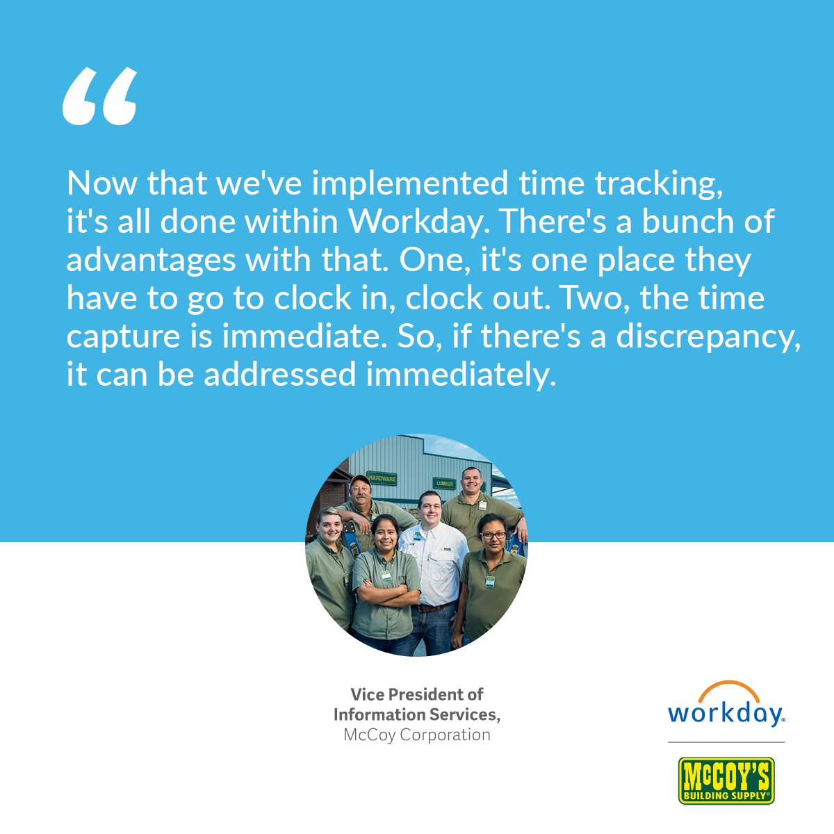 asmith529's tweet photo. With Workday, McCoy Corporation’s employees clock in and out in one place, with immediate capture and easy resolution of discrepancies. Is your team ready to streamline? Read more. #TeamWDAY https://t.co/mmXJIZYXzz https://t.co/OMJbVknUaz