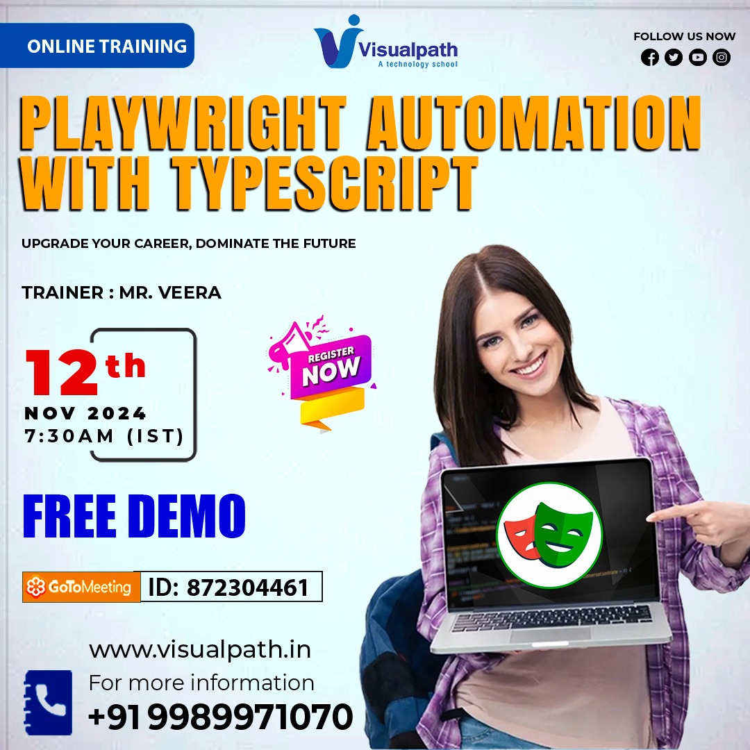 VisualpathPro's tweet image. Join Now:  meet.goto.com/872304461
Attend Online #Free_Demo On #Playwright_Automation_with_Typescript  by  Mr. Veera.
12 November 2024 @7:30 AM IST.
+91 9989971070
 whatsapp.com/catalog/919989…
Visit: visualpath.in/online-playwri…
#visualpath #e_learning #typescript #javascript #
