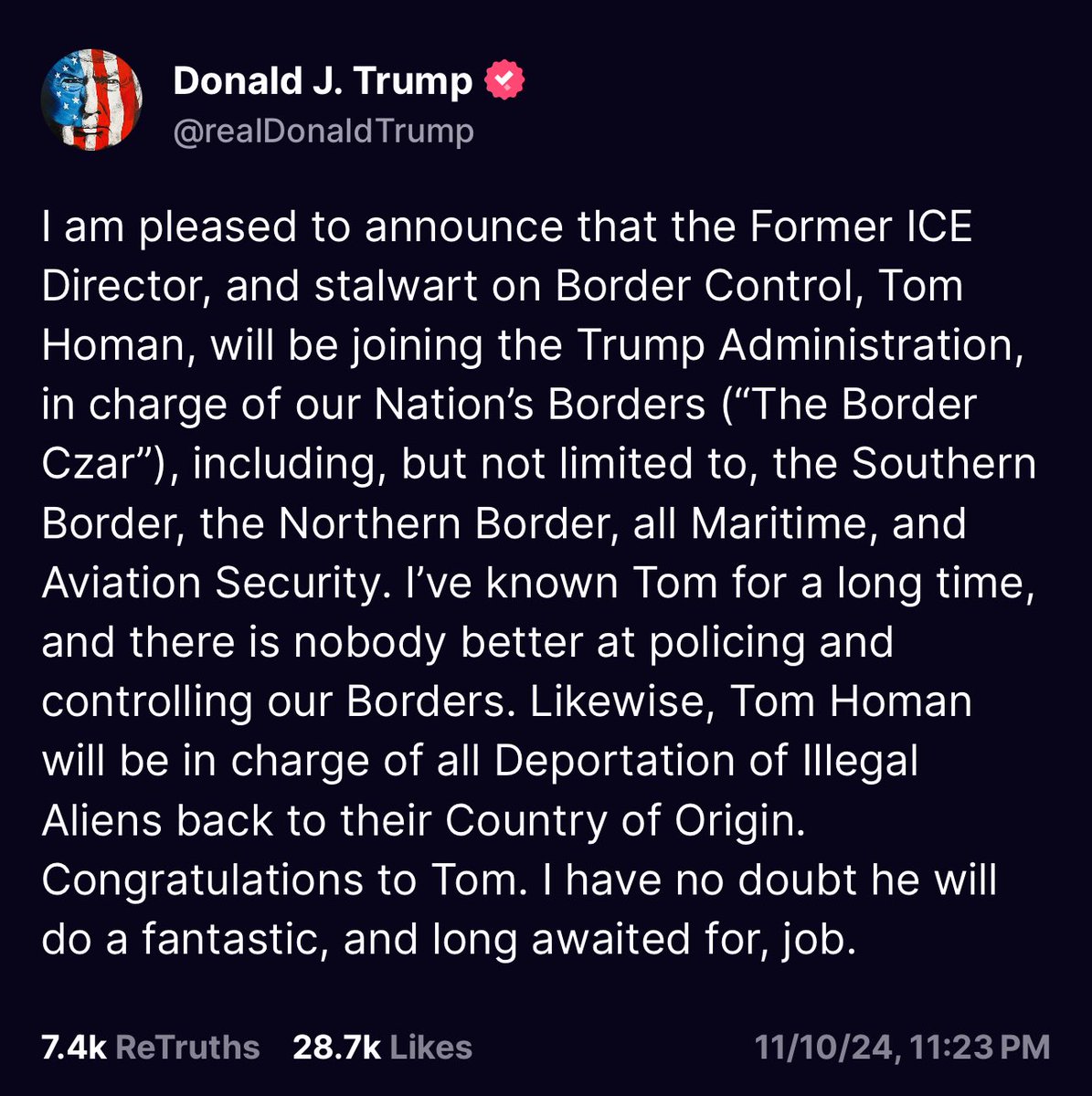 ⁦<a href="/realDonaldTrump/">Donald J. Trump</a>⁩ announces that border hardliner and former ICE Director Tom Homan will join the incoming administration as Border Czar.