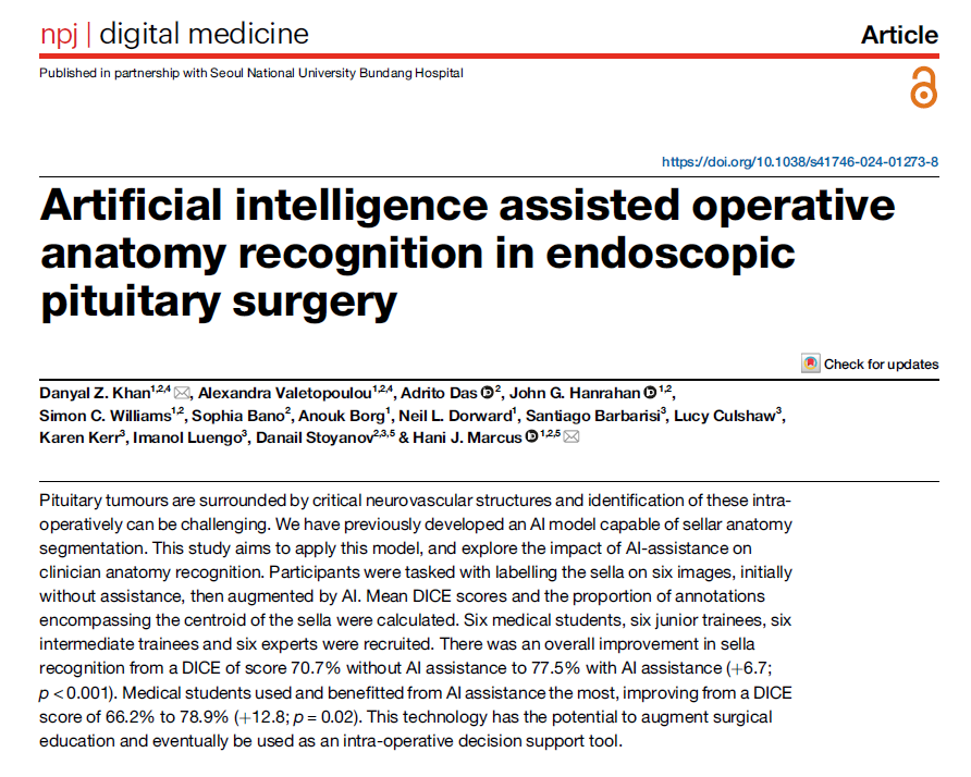 This study tested an AI model to help clinicians recognize critical #Anatomy near pituitary tumors during surgery, comparing accuracy with &amp; without AI assistance. 

Results showed AI improved anatomy identification accuracy, especially for less experienced participants,