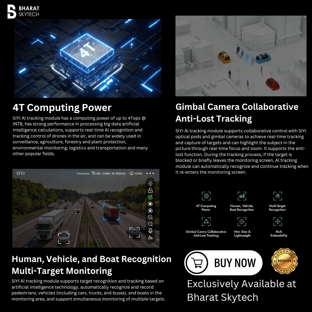 bharatskytech's tweet image. Power Up Your Drone with the SIYI AI Tracking Module 4T!
With 4T computing power and AI-driven tracking, the SIYI module precisely identifies and follows humans, vehicles, and boats in real-time. 

Order now on Bharat Skytech. 

#SIYITrackingModule #DroneAI #bharatskytech