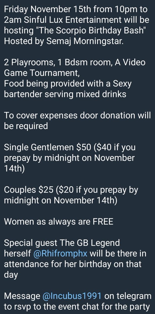 Having a Scropio Birthday Bash LS Party on November 15th at The Imperial Playhouse on the Southside of Houston, TX. Door Donation Required. Message me on telegram @incubus1991 to rsvp to the event chat. #houstonstrippers #HTXmassage #swingers #PartyofWomen