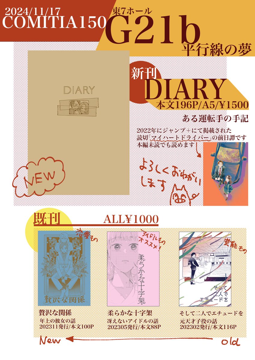 (14/14)
「DIARY」
本文196P/表紙一色刷り/¥1500
イベント終了後にboothにて電子版¥700を配布予定です
よろしくお願いします! 