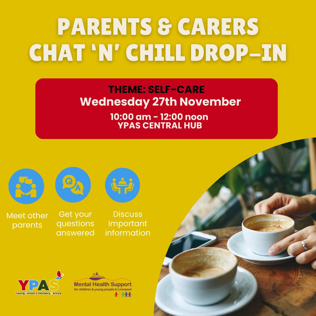 👋Join us for our next Parents &amp; Carers Chat 'n' Chill Drop-in!

🗓️Wednesday, 27th Nov
⏰10 am -12 pm 
📍 YPAS Central, 36 Bolton St, L3 5LX

Let's chat about self-care, achievements, and parenting tips. Bring a board game if you'd like! #ParentSupport #Community #Liverpool