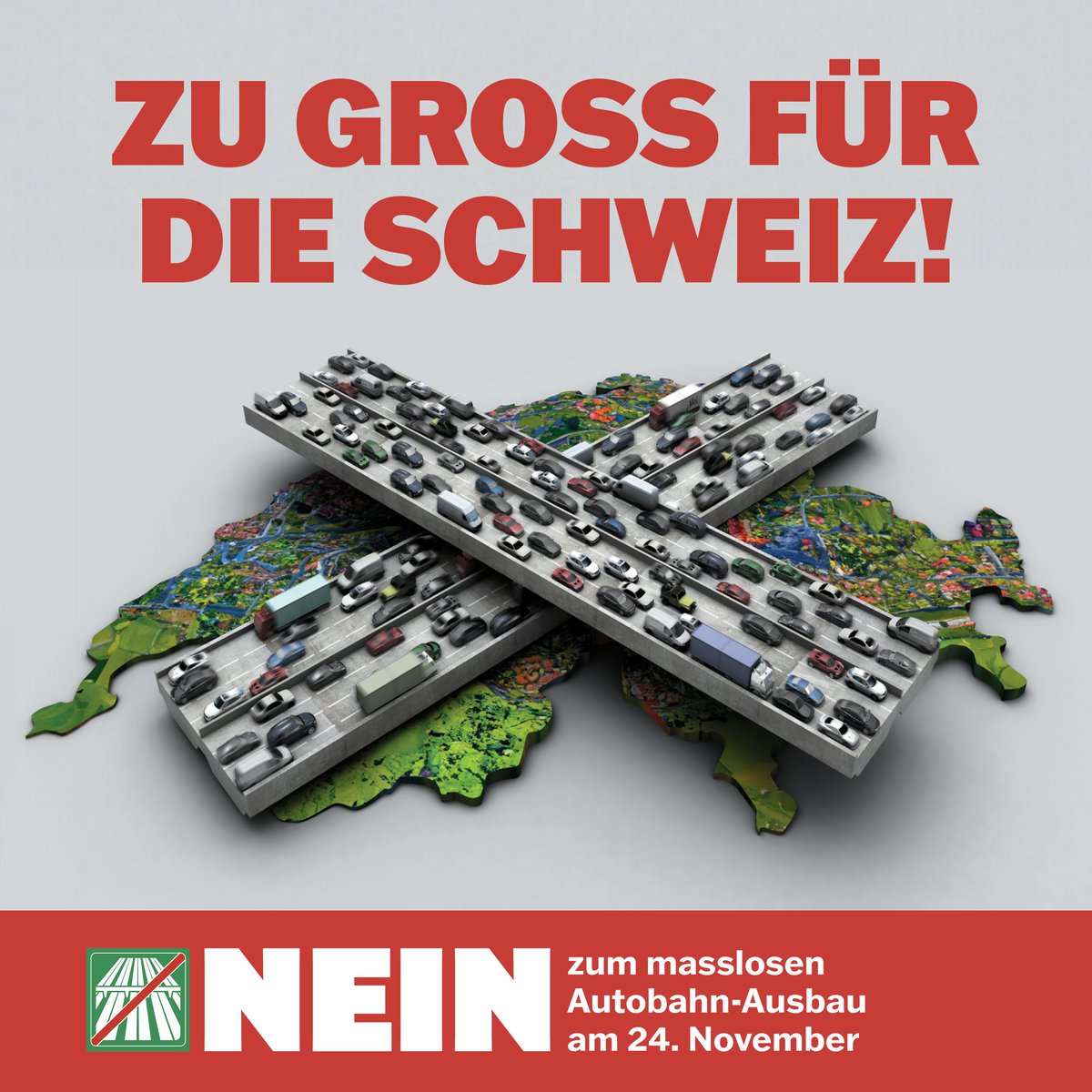 #Nein zum masslosen #Autobahnausbau! Dieser widerspricht einer glaubwürdigen #Klimapolitik, zerstört #Kulturland und #Biodiversität. 5.3 Mia. CHF sollen in einer rückwärtsgewandten Verkehrspolitik verbetoniert werden. #Klima- und #Biodiversitätsschutz autobahnausbau-nein.ch