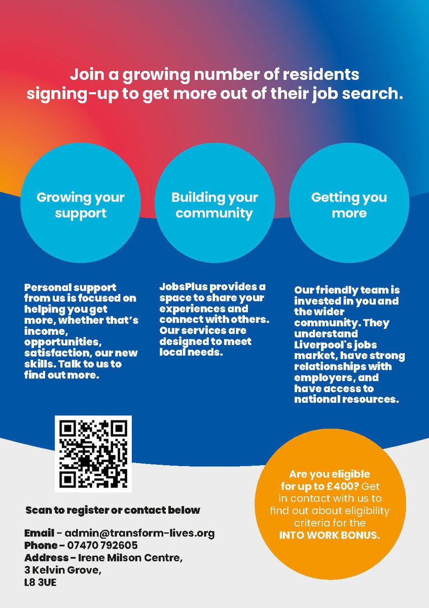 📣 Living in L8? Looking for tailored support in your job search and more? Drop by the Irene Milson Centre for free, personalised job search support, health advice, and community resources. You could even be eligible for up to £400 with the Into Work Bonus!