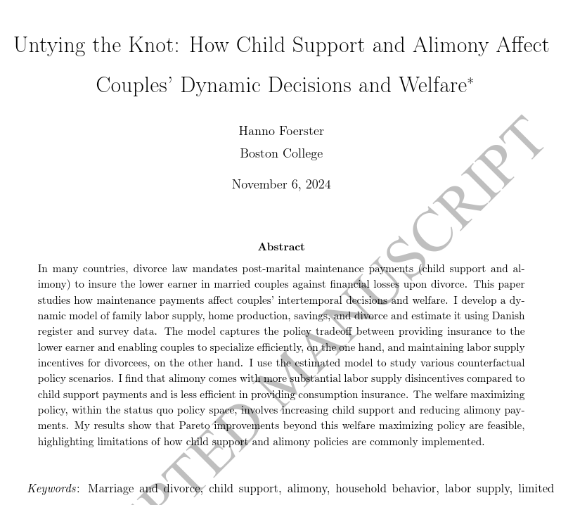 The Review of Economic Studies (@reveconstudies) on Twitter photo ``Child support & alimony provide insurance to divorcees, enable couples to specialize, but distort divorcees' incentives. Optimal policy analysis in a life-cycle model, estimated w/ Danish register data.”
New paper from <a href="/hannofoe/">Hanno Foerster</a> <a href="/bc_econ/">Boston College Economics Department</a> <a href="/BostonCollege/">Boston College</a>
restud.com/untying-the-kn… ``Child support & alimony provide insurance to divorcees, enable couples to specialize, but distort divorcees' incentives. Optimal policy analysis in a life-cycle model, estimated w/ Danish register data.”
New paper from <a href="/hannofoe/">Hanno Foerster</a> <a href="/bc_econ/">Boston College Economics Department</a> <a href="/BostonCollege/">Boston College</a>
restud.com/untying-the-kn…