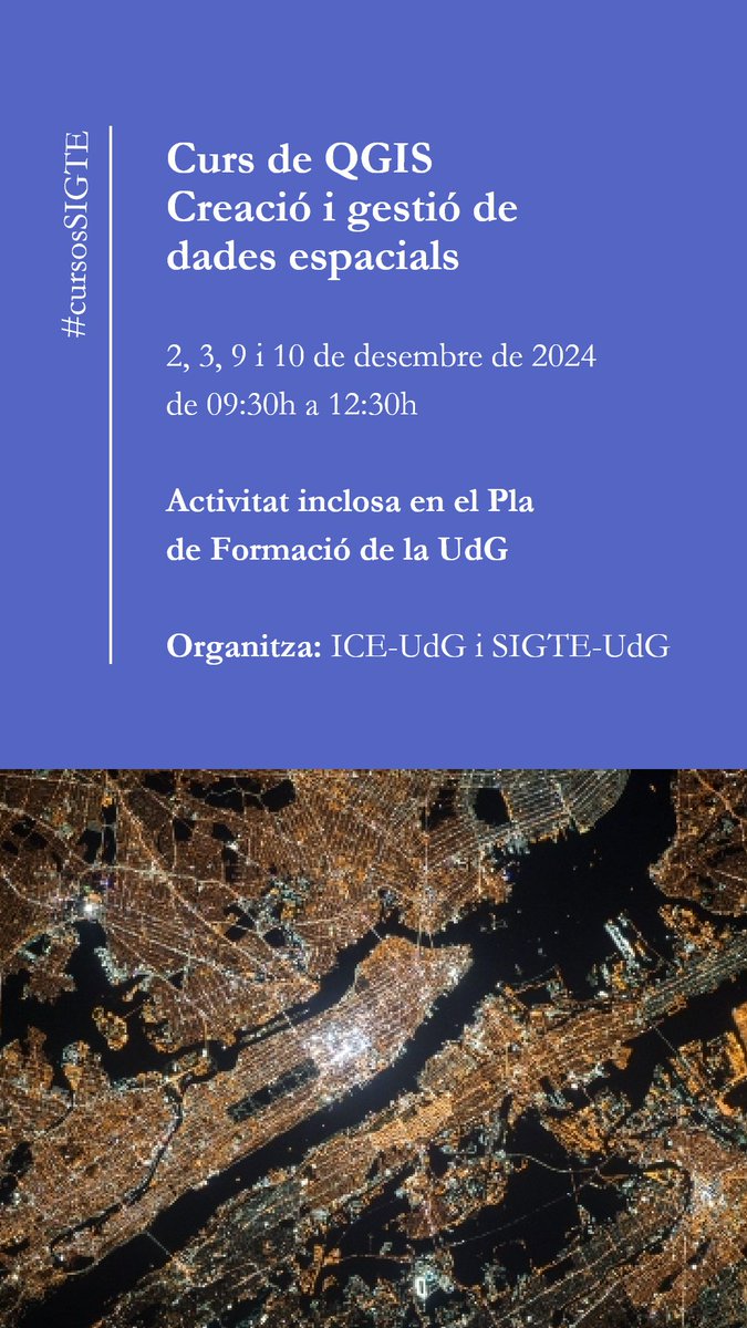 SIGTE - UdG (@sigte_udg) on Twitter photo Al desembre iniciem una nova edició del "Curs de QGIS Creació i gestió de dades espacials"
📅 2, 3, 9 i 10 de desembre de 2024
🕛 De 9:30h a 12:30h
⚠ Activitat inclosa en el Pla de Formació de la UdG
Organitza: <a href="/ICEUdGinnova/">ICE UdG Innovació</a> i <a href="/SIGTE_UdG/">SIGTE - UdG</a>
+ info: iceberg.udg.edu/?p=18994 Al desembre iniciem una nova edició del "Curs de QGIS Creació i gestió de dades espacials"
📅 2, 3, 9 i 10 de desembre de 2024
🕛 De 9:30h a 12:30h
⚠ Activitat inclosa en el Pla de Formació de la UdG
Organitza: <a href="/ICEUdGinnova/">ICE UdG Innovació</a> i <a href="/SIGTE_UdG/">SIGTE - UdG</a>
+ info: iceberg.udg.edu/?p=18994
