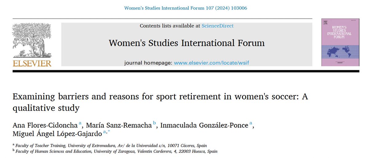 🔊ℕ𝔼𝕎 ℙ𝔸ℙ𝔼ℝ📚

⚽️ Examining barriers and reasons for sport retirement in women's soccer: A qualitative study.

📖 Women's Studies International Forum

🔗 doi.org/10.1016/j.wsif…

🖊️<a href="/anitaflores_8/">Ana FloresC.</a> <a href="/mariasanzr1/">María Sanz</a>  <a href="/ingopo04/">InmaGonzálezPonce</a> <a href="/Miguel_Lopez_G/">Miguel López</a>