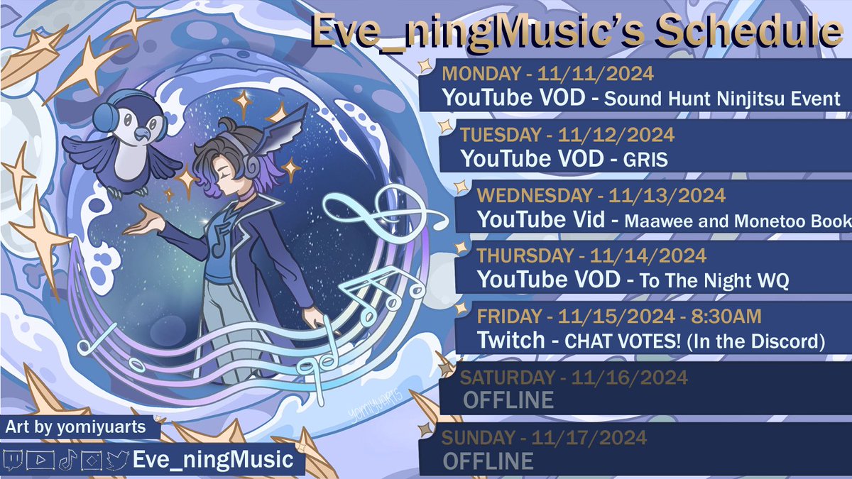 *pokes at the door so it's just slightly ajar* Schedule? So in a surprising turn of events, we finished most of the main stories for Genshin/HSR/ZZZ so Chat is currently voting in the Discord on what to do! (Link is in my profile!) See y'all then! #eveningmusicstreams