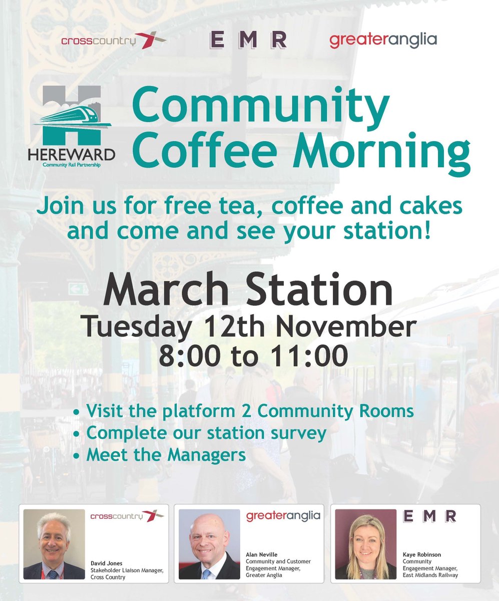Fenland Council (@fenlandcouncil) on Twitter photo Free coffee, cake and conversation at March Railway tomorrow, 12 November!
The Hereward #CommunityRailPartnership is hosting a Community Coffee Morning with managers from <a href="/CrossCountryUK/">CrossCountry Trains</a>, <a href="/GreaterAngliaPR/">Greater Anglia News</a> and <a href="/EastMidRailway/">East Midlands Railway (EMR)</a>.
🕗 8am-11am
ℹ️ More info: fenland.gov.uk/article/18243/… Free coffee, cake and conversation at March Railway tomorrow, 12 November!
The Hereward #CommunityRailPartnership is hosting a Community Coffee Morning with managers from <a href="/CrossCountryUK/">CrossCountry Trains</a>, <a href="/GreaterAngliaPR/">Greater Anglia News</a> and <a href="/EastMidRailway/">East Midlands Railway (EMR)</a>.
🕗 8am-11am
ℹ️ More info: fenland.gov.uk/article/18243/…