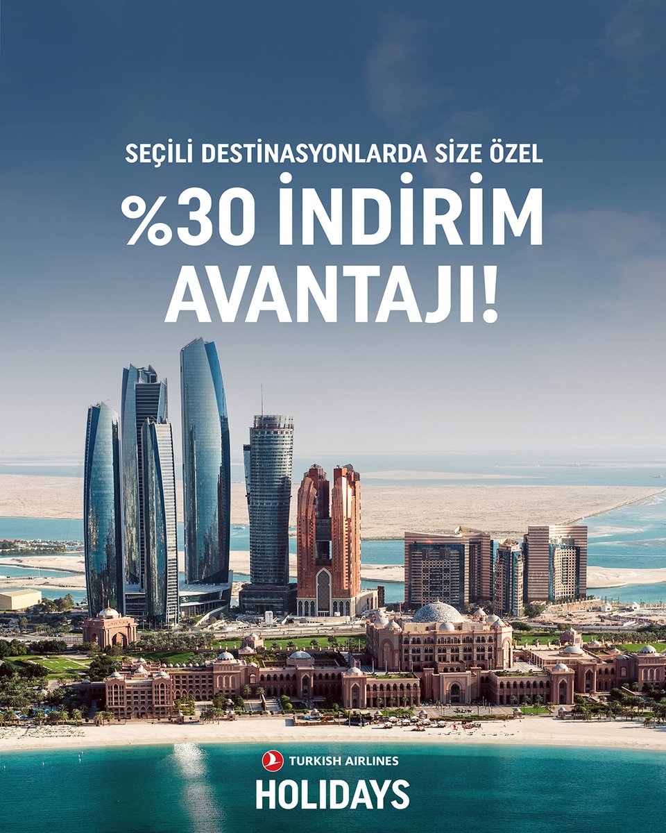 Dubai, Marakeş, Kahire, Kazablanka, Abu Dabi ve daha birçok büyüleyici noktayı %30 indirim fırsatıyla keşfetmeye hazır olun!

Turkish Airlines Holidays ile 30 Kasım 2024 tarihine kadar yapacağınız rezervasyonlarda seçili destinasyonlarda geçerli %30 indirim fırsatını kaçırmayın.