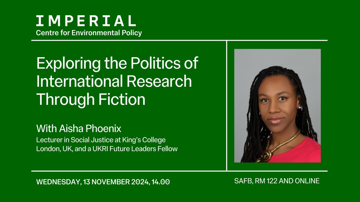 Join us for "Exploring the Politics of International Research through Fiction" with Aisha Phoenix (<a href="/FirebirdN4/">Dr Aisha Phoenix</a>)

📅 Weds, 13 Nov 2024 
⏰ 14:00 - 15:00
📍 Rm 122, Sir Alexander Fleming Building &amp; Online

Co-hosted by 
<a href="/africansfs/">ASFS</a>

More details here ➡ buff.ly/4frxmlV