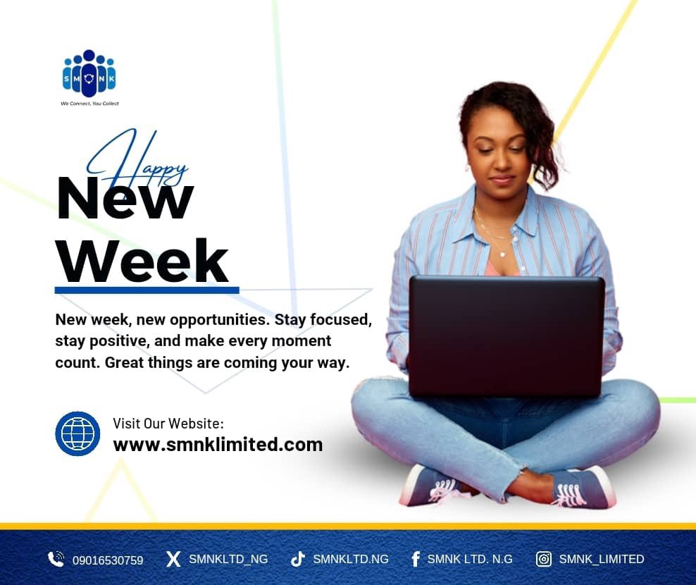 SMNKLTD_NG's tweet photo. 🥳Hey! It’s a New week and maintaining focus is all you need to help you achieve your goals🤩. 
Sign up on https://t.co/bL83KblejI today as a professional or Artisan looking for job. #Hauwa #Cuppy #Vado #Nysc #NYSC #GenZ #Carter efe #Ugarte #NURTW #LISA #AlluArjun https://t.co/UkXOFvwGja