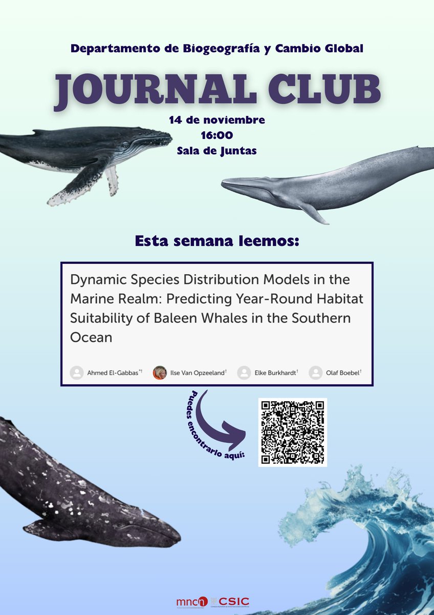 pertierralab's tweet photo. Seguimos con nuestro #JournalClub 🔖

Esta semana leemos sobre ballenas 🐋 y cómo varía su distribución a lo largo del año

Como ya empieza a refrescar, esta vez nos veremos en la sala de juntas del @mncn_csic 

¡Asistencia libre! https://t.co/jfgUwh6mxr