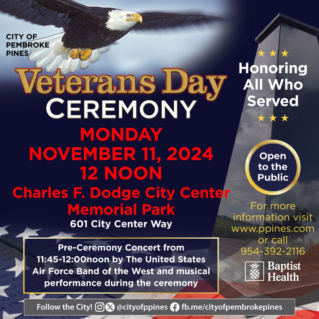 Today, we honor the courage and sacrifice of our veterans. 

From all of us here in Pembroke Pines, thank you to those who have served and continue to serve our country. Your bravery and dedication inspire us every day.