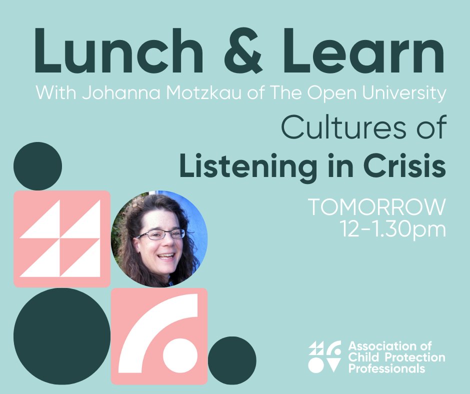 Association of Child Protection Professionals (@aocpptweet) on Twitter photo ⏰ Tomorrow’s the Day! Last chance to join our Lunch & Learn on Cultures of Listening in Crisis (12 Nov, 12:00-1:30 pm GMT) with Johanna Motzkau, as we explore the transformative dark listening method. Register today: childprotectionprofessionals.org.uk/events/lunch-a… #ListeningMatters #CrisisManagement ⏰ Tomorrow’s the Day! Last chance to join our Lunch & Learn on Cultures of Listening in Crisis (12 Nov, 12:00-1:30 pm GMT) with Johanna Motzkau, as we explore the transformative dark listening method. Register today: childprotectionprofessionals.org.uk/events/lunch-a… #ListeningMatters #CrisisManagement