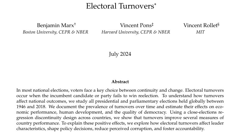 The Review of Economic Studies (@reveconstudies) on Twitter photo Electoral turnovers improve countries' performance and foster accountability. Their effects are investigated in a new paper by <a href="/benjaminmarx/">Benjamin Marx</a>, <a href="/VinPons/">Vincent Pons</a>, and <a href="/vincent_rollet/">Vincent Rollet</a>, who built a database of all presidential and parliamentary elections since 1945. (1/2) Electoral turnovers improve countries' performance and foster accountability. Their effects are investigated in a new paper by <a href="/benjaminmarx/">Benjamin Marx</a>, <a href="/VinPons/">Vincent Pons</a>, and <a href="/vincent_rollet/">Vincent Rollet</a>, who built a database of all presidential and parliamentary elections since 1945. (1/2)
