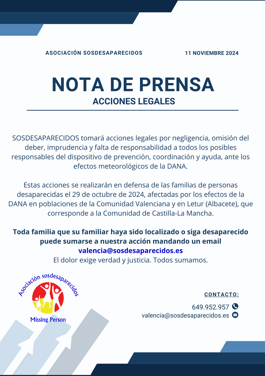 NOTA DE PRENSA ¡  
Familias de Personas Desaparecidas

SOSDESAPARECIDOS tomará acciones legales por negligencia, omisión del deber, imprudencia  y falta de responsabilidad a todos los posibles responsables del  dispositivo de prevención, coordinación y ayuda, ante los efectos