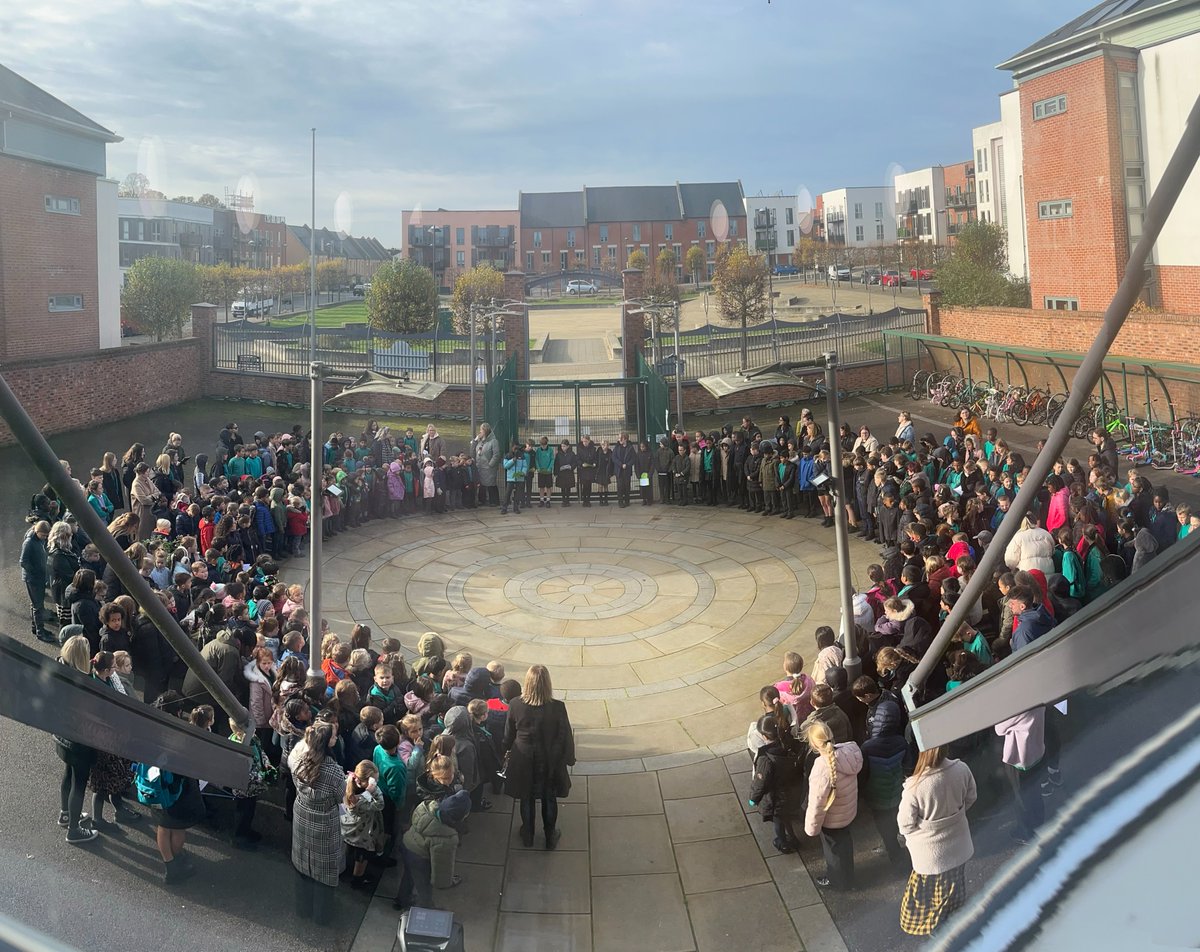 Searing_Upton's tweet photo. The weather is always kind to us for our @UptonMeadows Remembrance Service! Beautifully led by Year 6 with their own poems and the more famous words of Flanders Fields.  And the sound of Mrs Winspear's cornet filled the air with 'The Last Post' before we all observed our silence. https://t.co/hVoKwUUU5I