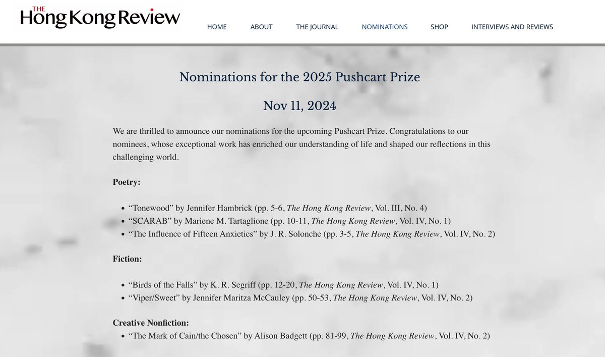 We are thrilled to announce our nominations for the upcoming Pushcart Prize! Congratulations to our nominees, and a huge thank you to all our contributors for their wonderful work! #PushcartPrize #LiteraryAwards