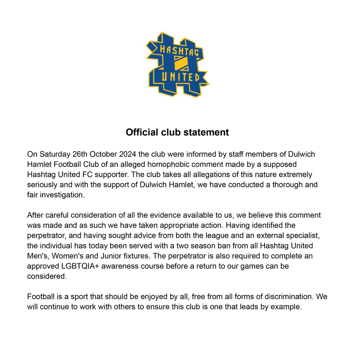 OFFICIAL CLUB STATEMENT