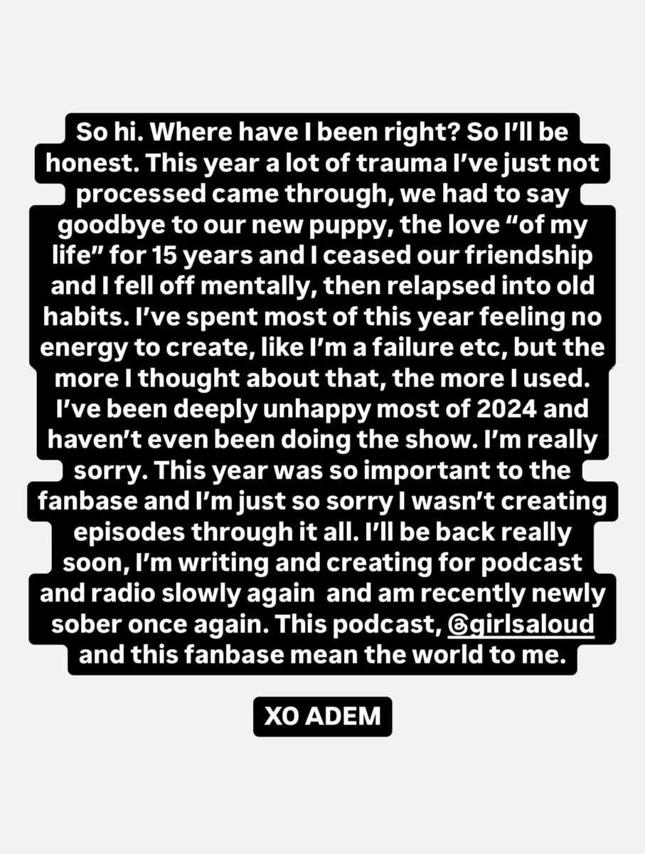 I’ll never, ever give up on the girls, this beautiful fanbase or this podcast. I’ll be back soon — please just give me some time to get on top of things. I am only very newly sober and have a long road ahead of me, but for the first time all year I’m finally ready to create. ILYx