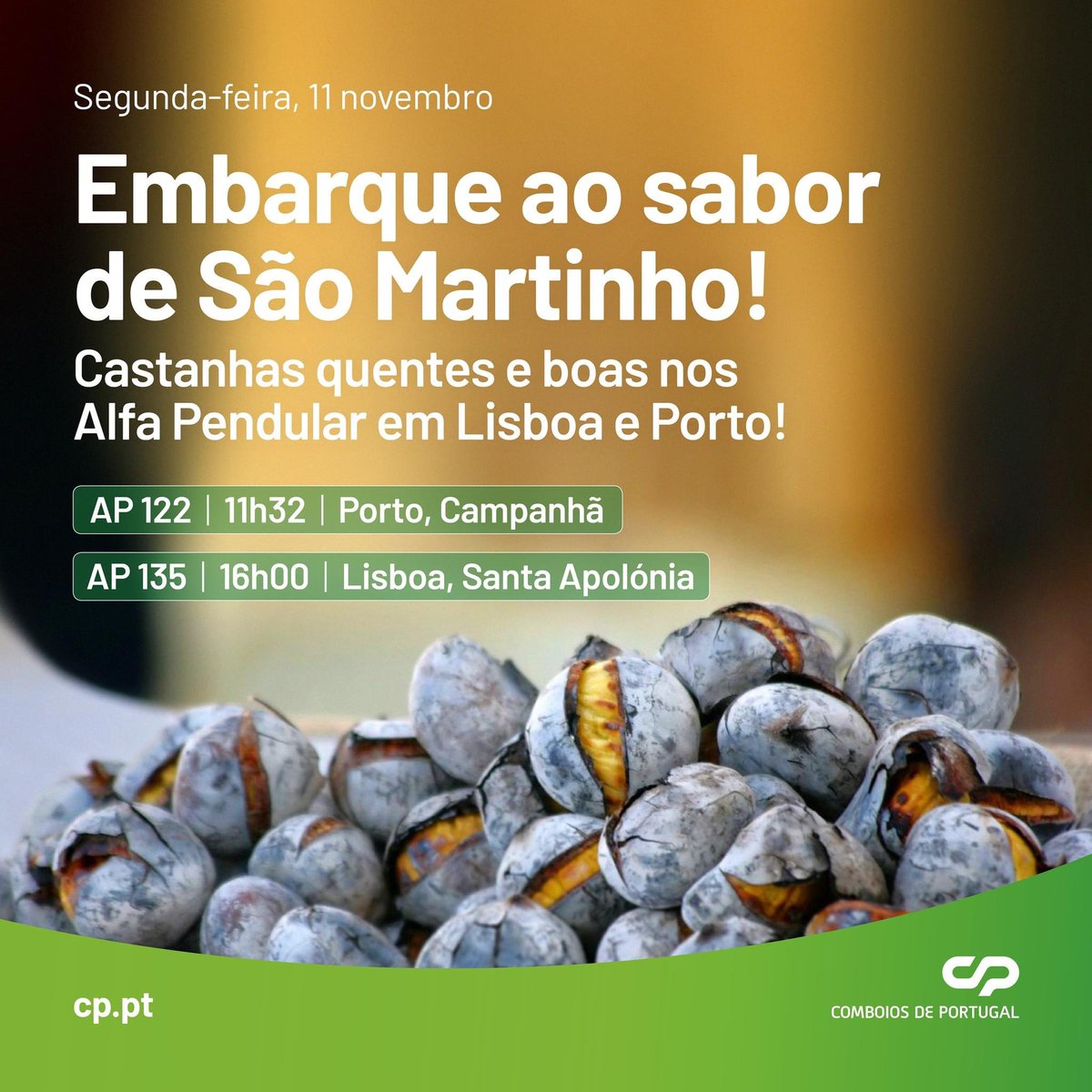 _serjocas's tweet photo. Hoje a CP estará a ofereces castanhas assadas aos passageiros do AP 122 e AP 135. https://t.co/oBd6wL7vwN