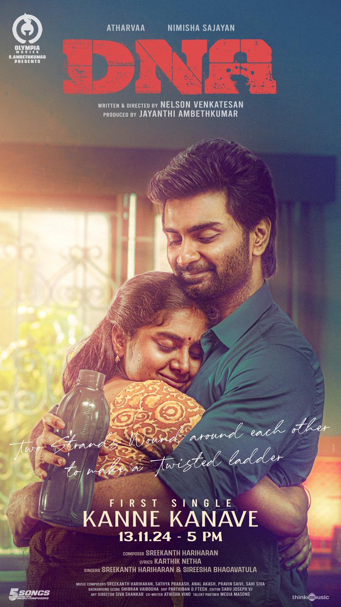 LOVE is composed of a single soul inhabiting two humans. Dwell in LOVE with the amazing "Kanne Kanave" Releasing on Nov 13th , Wednesday at 5 PM 

#DNAMovie 

Starring <a href="/Atharvaamurali/">Atharvaa</a> &amp; #NimishaSajayan  

Written &amp; directed by @nelsonvenkat 
Produced by <a href="/Olympiamovis/">Olympia Movies</a>