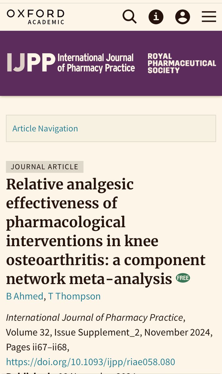 It was a pleasure to present part of our large-scale and first-ever component network meta-evidence synthesis findings for pharmacotherapies in managing knee osteoarthritis at the <a href="/rpharms/">Royal Pharmaceutical Society</a>  2024 Annual Conference.  #RPSConf24 #EBM ⚕️ 💊 💉academic.oup.com/ijpp/article/3…