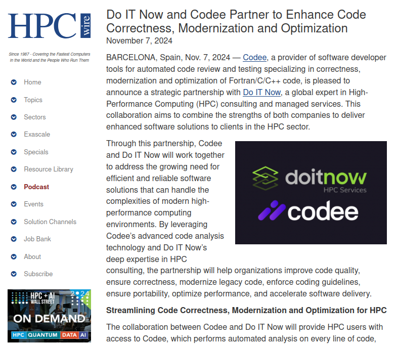 DoItNow_Tech's tweet photo. Do IT Now and Codee Partner to Enhance Code Correctness, Modernization and Optimization

📰 @HPCwire 

➡️ https://t.co/MxCz553csO

#HPC #DoITNowHPCservices #DoITNowGroup
@DoItNow_Tech @codee_com https://t.co/0yI3grzCX1